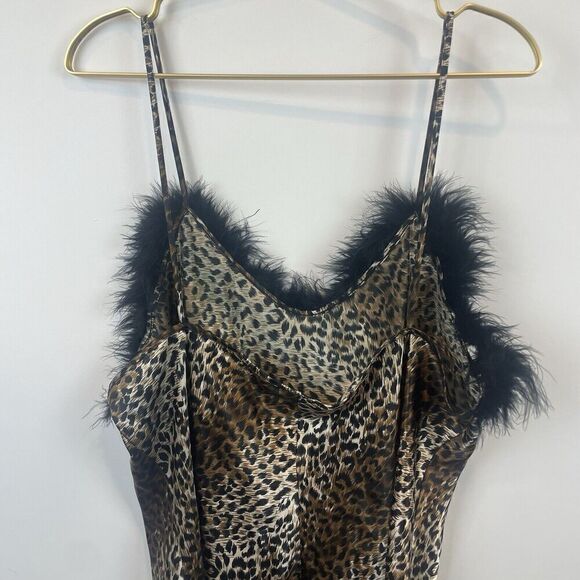 90's Style Cinema Etoile Cheetah Print Feather Boa Trim Satin Nightgown XL/XXL - Picture 6 of 7